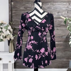 Vintage Dark Floral Sz L Y2K V-Neck Bell-Sleeve Babydoll Long-Sleeve Tunic Top